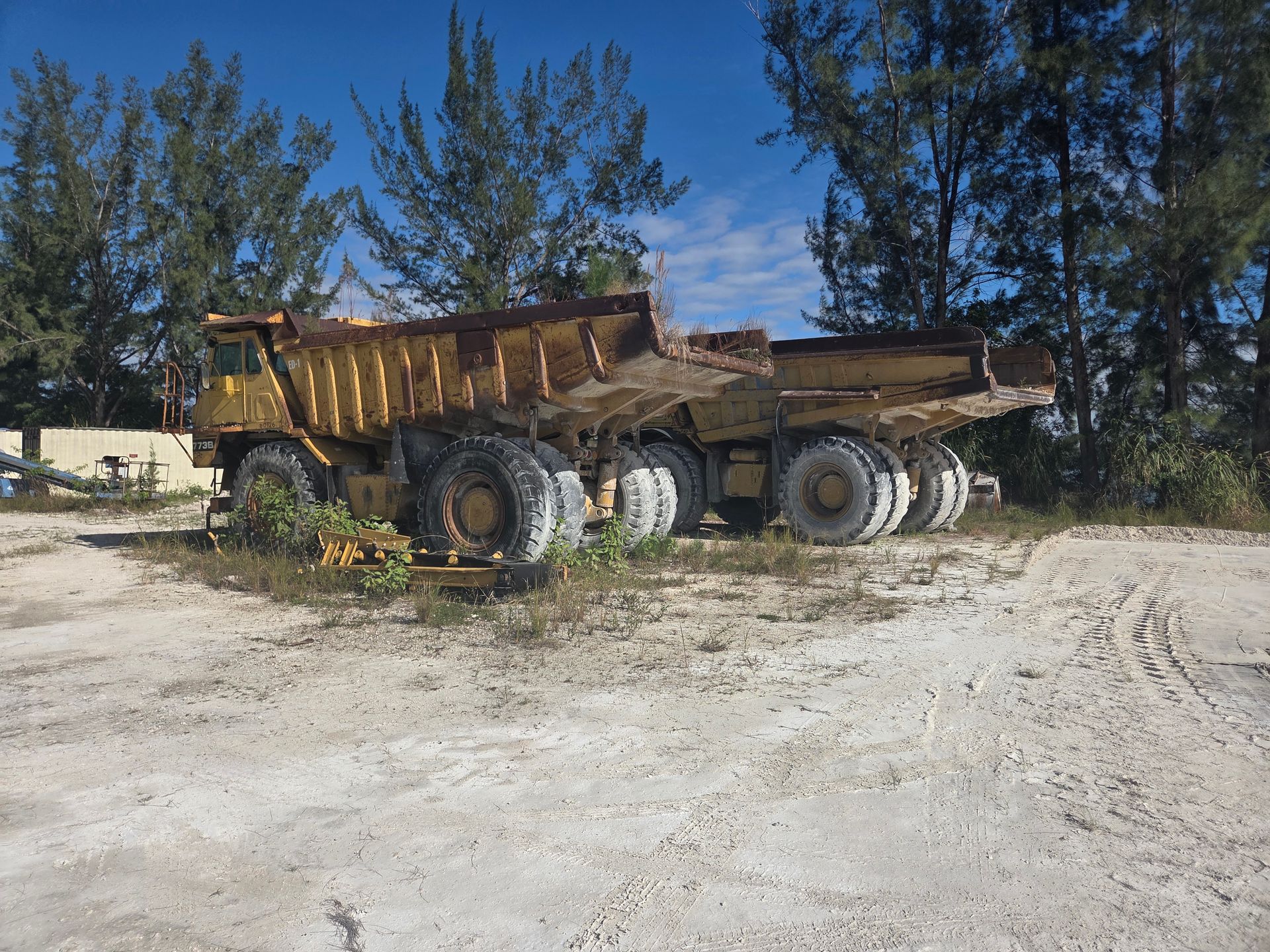 A large, rusted yellow dump truck sits on a gravel lot, overgrown with weeds, under a blue sky.