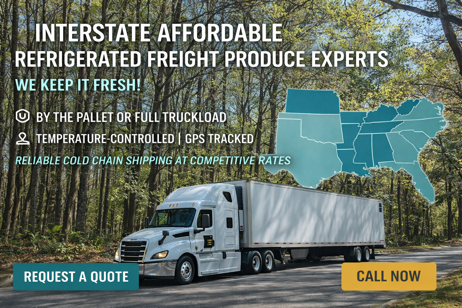 Refrigerated freight truck ad for Florida. Text on image says affordable freight experts. Offers cold chain shipping and quote request.