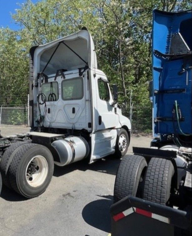 White semi-truck cab parked next to a blue truck. Tires and fuel tanks are visible. Sunny outdoor setting.