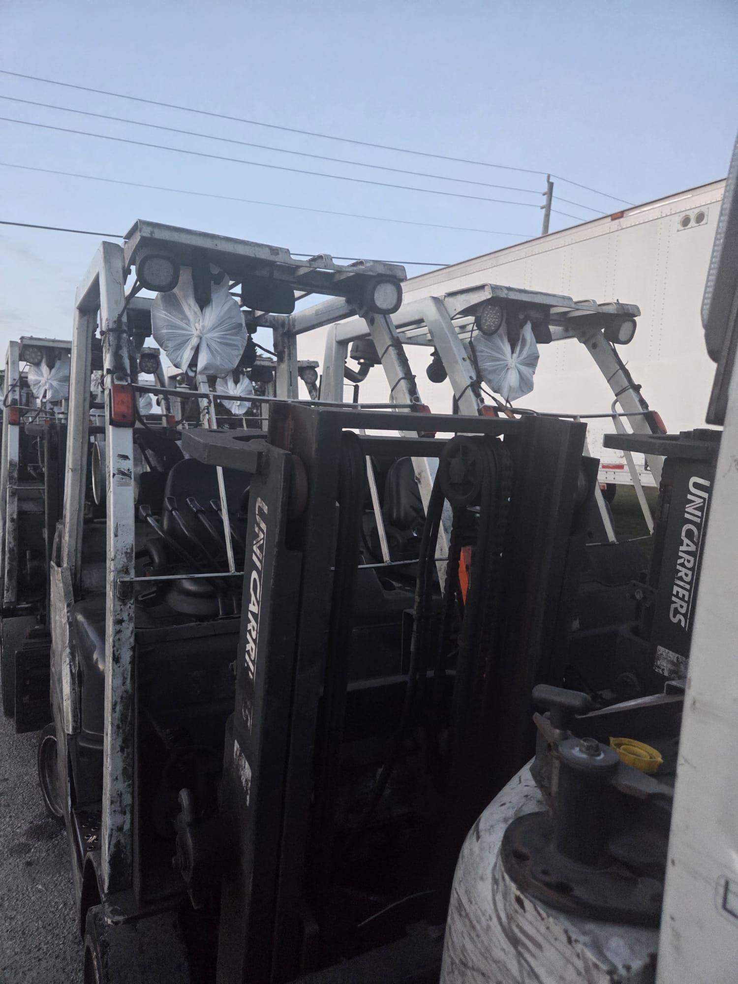 Forklifts parked outdoors, lined up. White frames, black forks, spotlights, and power lines overhead.