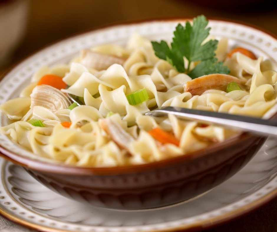 Bowl of chicken noodle soup with noodles, carrots, and parsley.