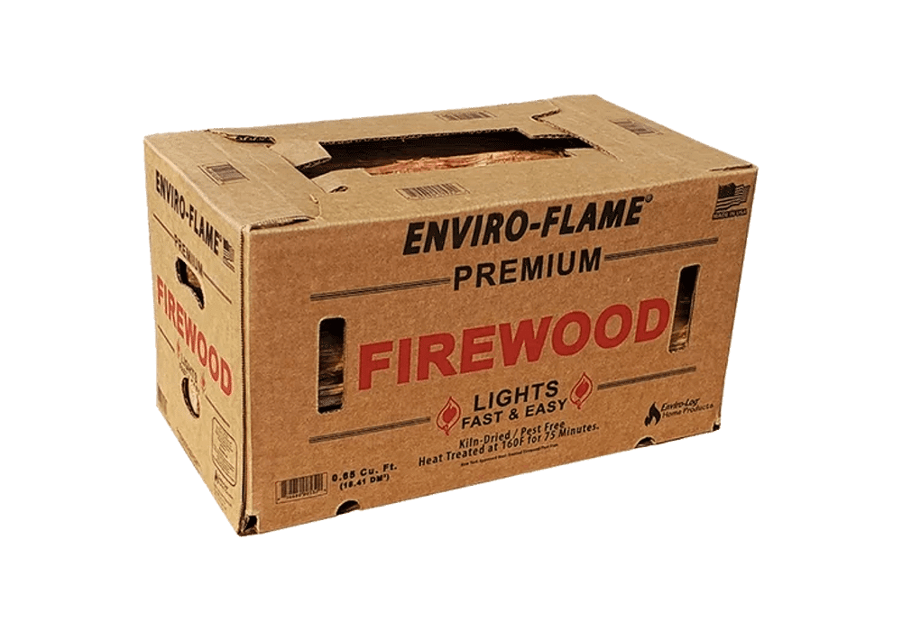 Cardboard box of Enviro-Flame premium firewood. Brown box with red text, handles, and a partially open top.