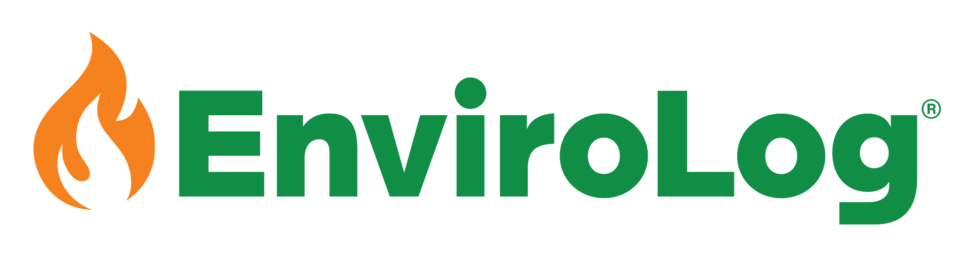 Logo for EnviroLog, featuring a flame icon next to green text.