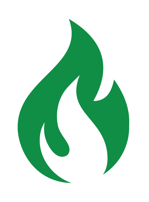 A green, stylized flame icon with a white cutout flame shape in the center.