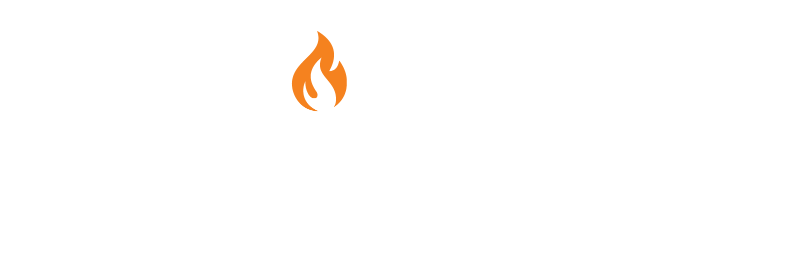 A stylized orange flame icon positioned above the text 