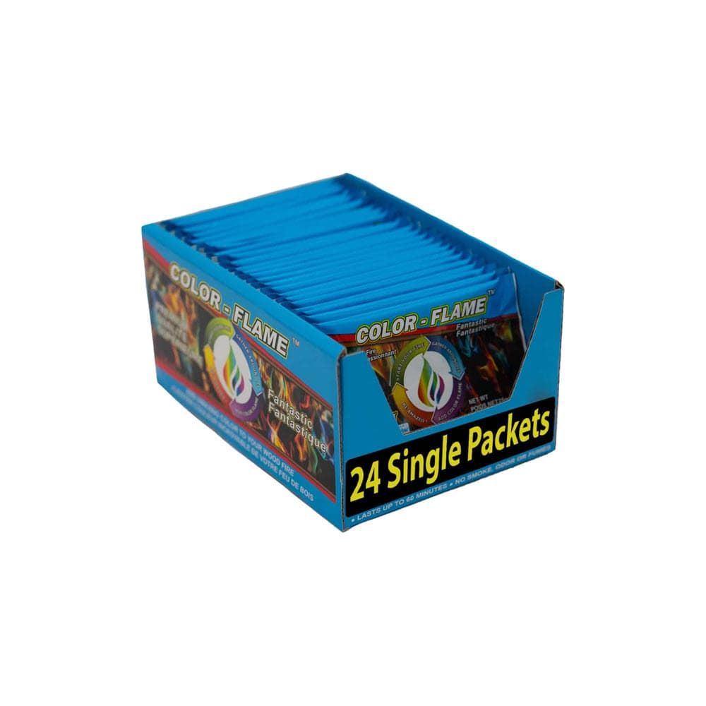 Box of 24 color-flame packets, blue packets inside a blue box with a color flame logo.