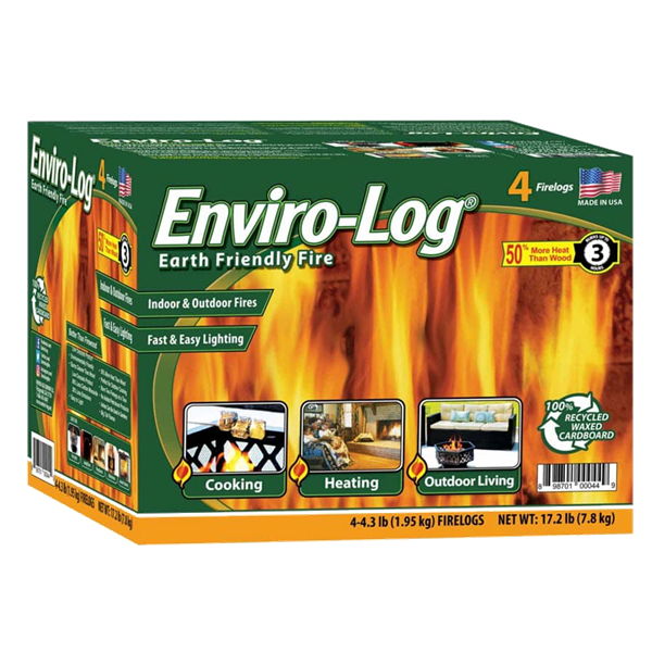 Box of 4.3lb Enviro-Log fire logs with images of cooking, heating, and outdoor living. Contains 4 firelogs