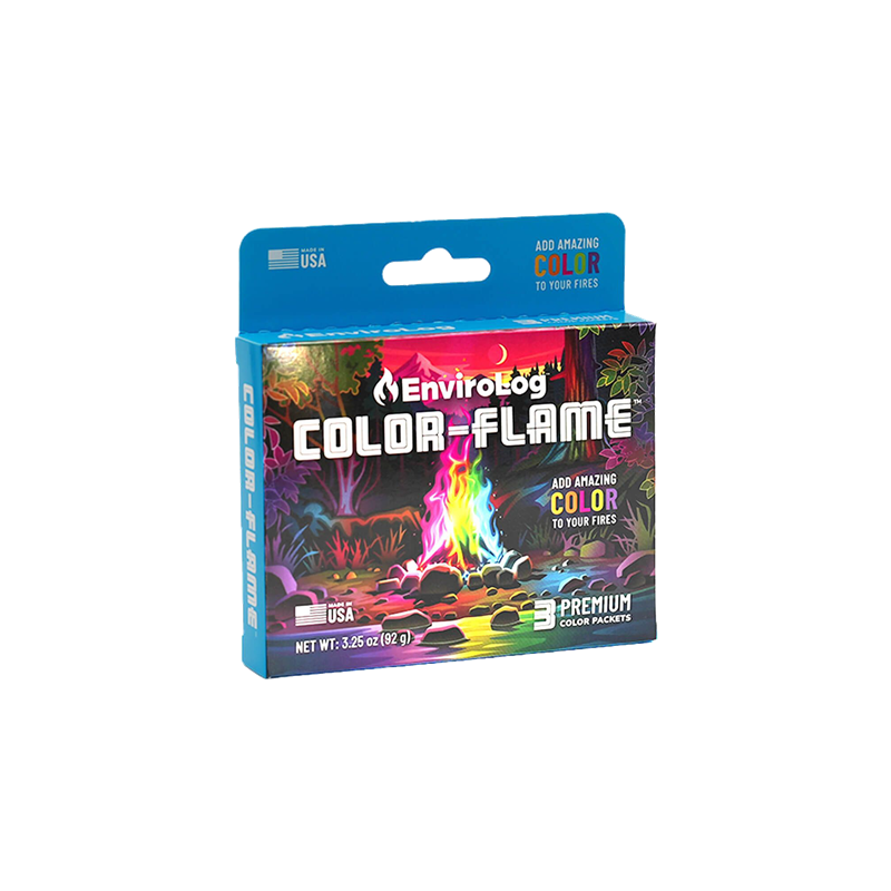 Box of Enviro-Log Color-Flame fire colorant. Shows colored flames, blue box with product information.