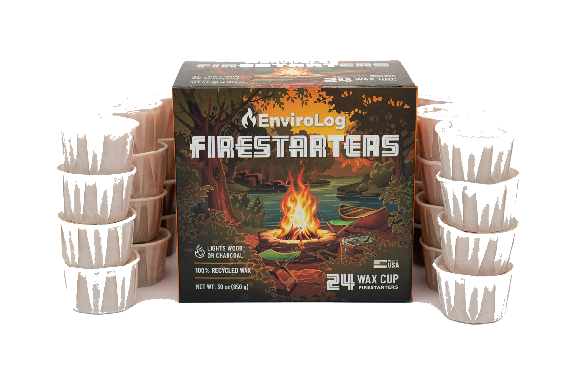24 count Envirolog Firestarter box surrounded by 24 white, paper fire starter cups.
