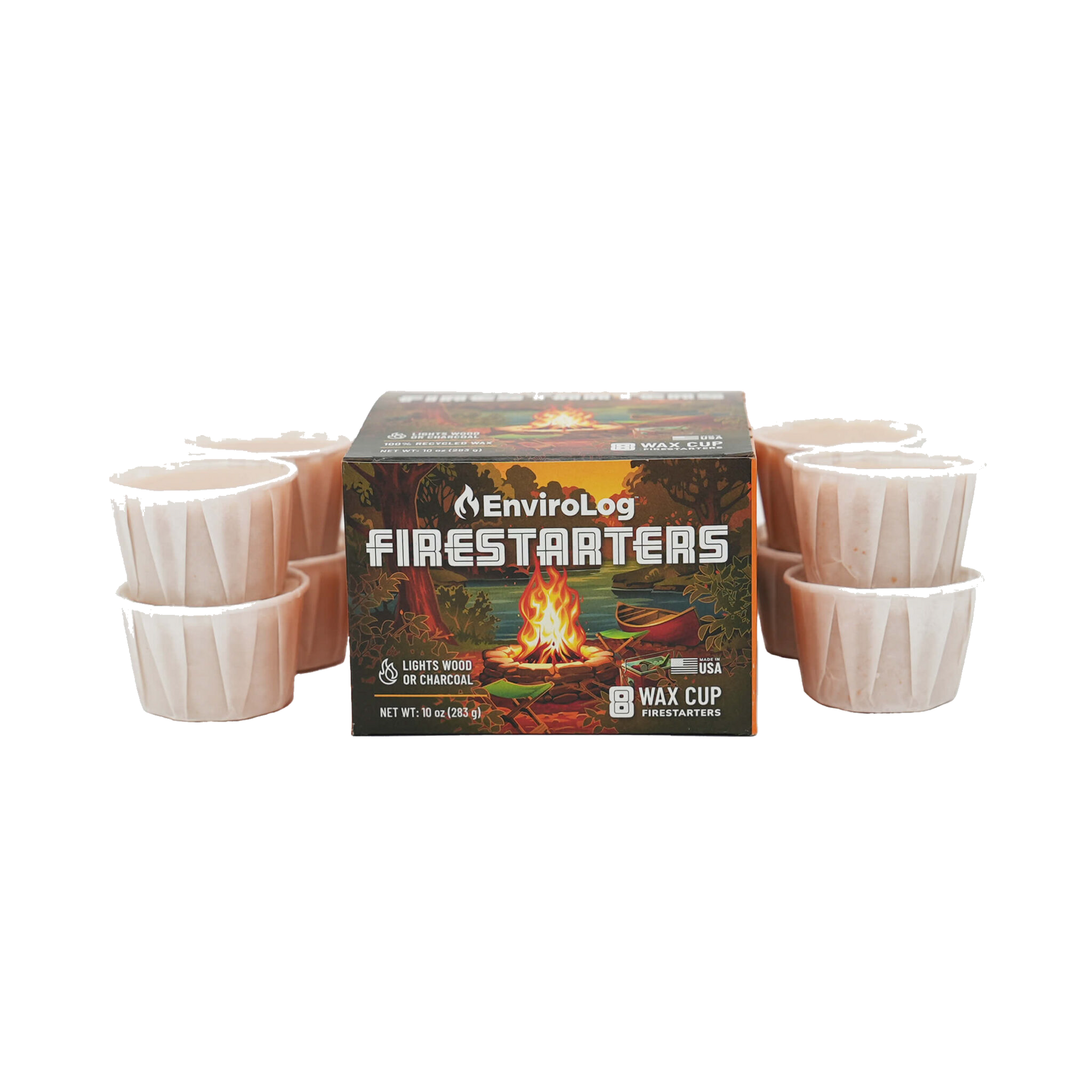 Box of 8 EnviroLog fire starters with wax cups.