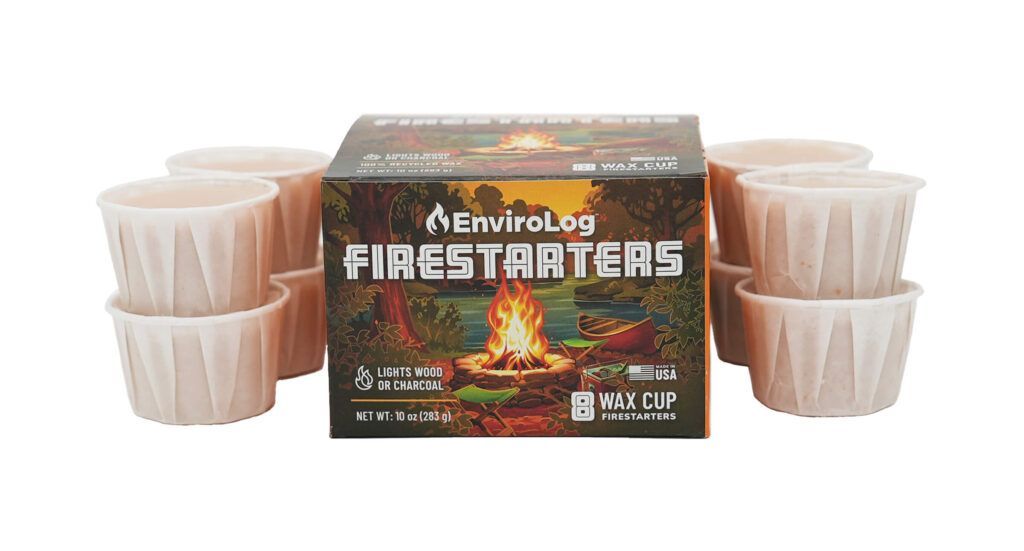 Box of EnviroLog firestarters with multiple wax cup fire starters.