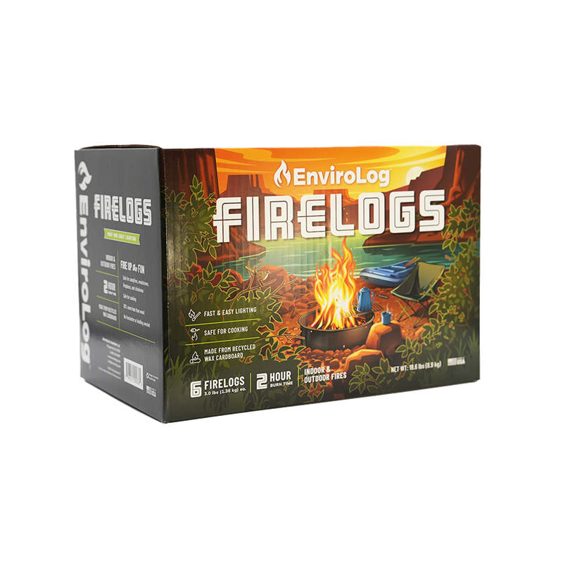 Box of 3lb EnviroLog Firelogs, depicting a campsite scene with a campfire, and a landscape.