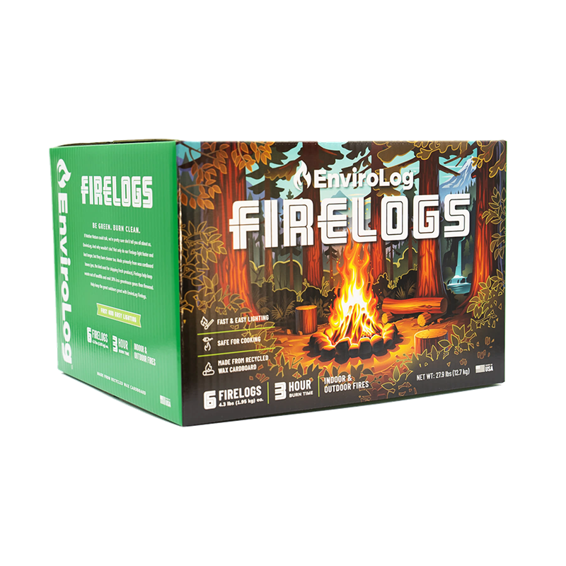 Box of 4.3 lb EnviroLog Firelogs. Contains 6 firelogs for use in fireplaces and campfires.