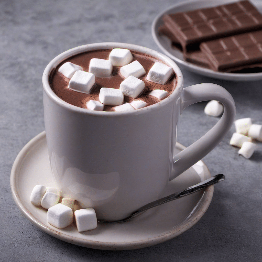 Hot chocolate with marshmallows in a white mug on a saucer, with chocolate bars.