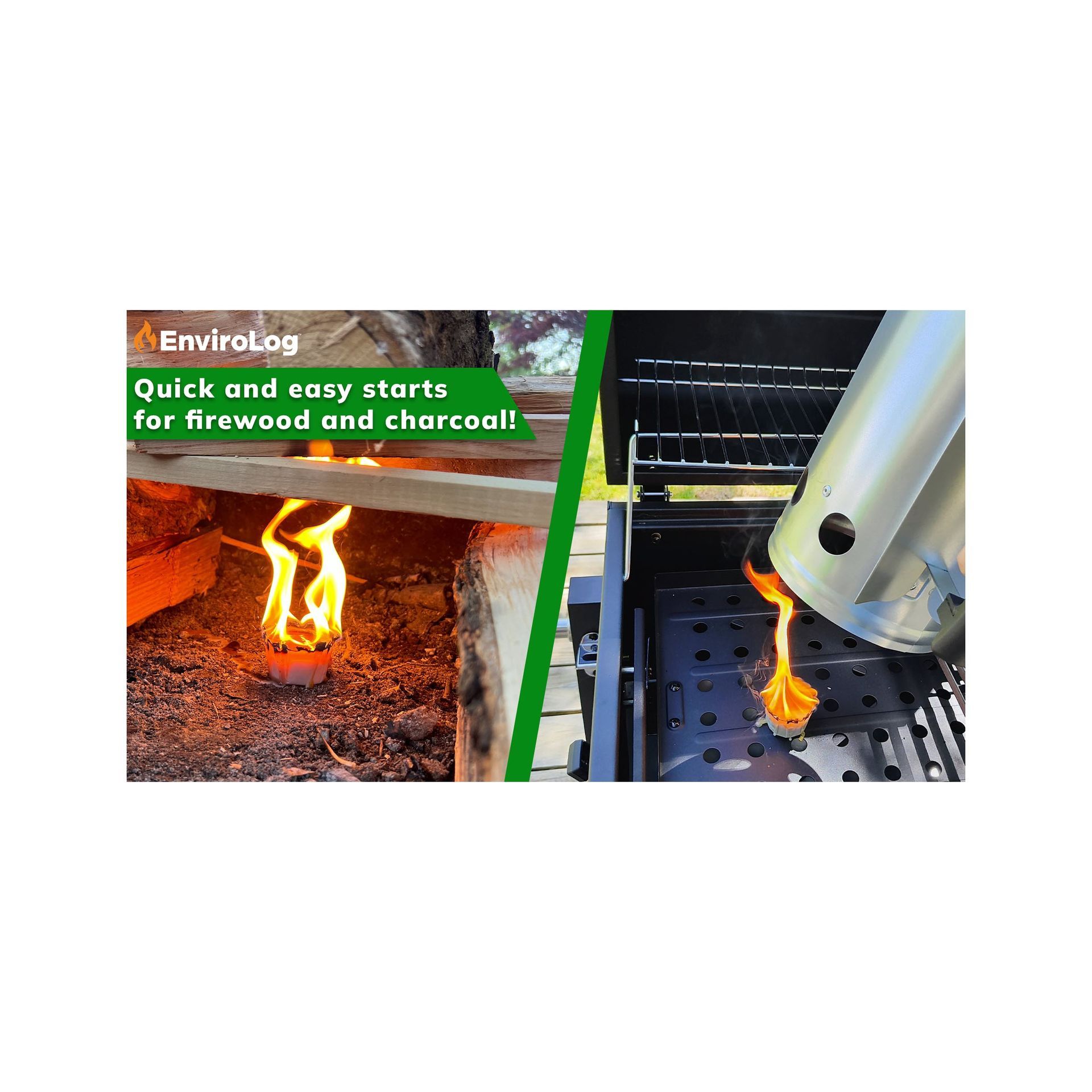 Two scenes: Fire starting with EnviroLog. Flames on left. Charcoal burning on right.