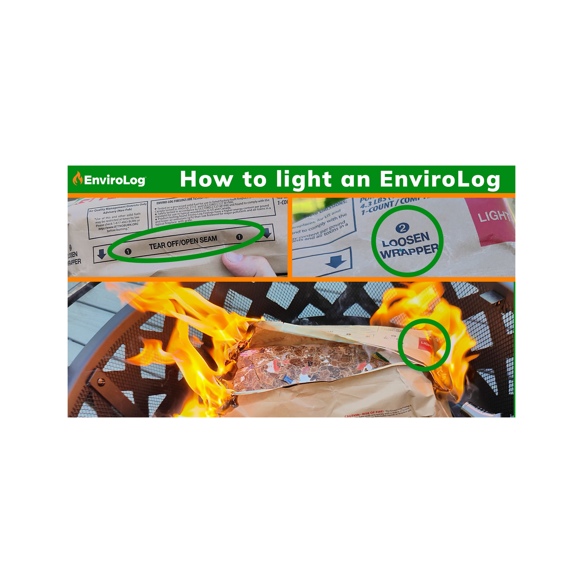Instructions for lighting an EnviroLog: opening, igniting, and burning.