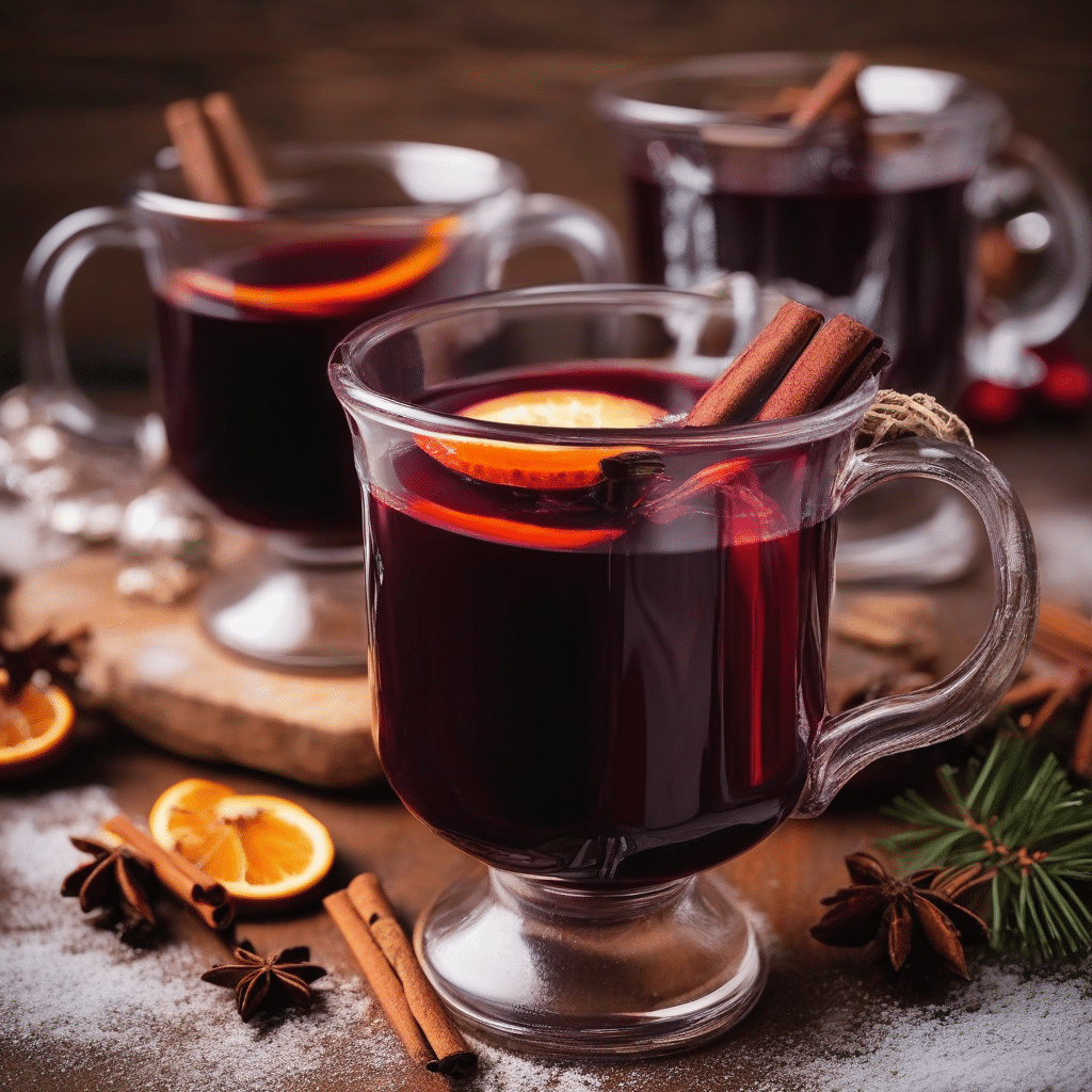 Three mugs of mulled wine with cinnamon sticks and orange slices on a wooden surface.