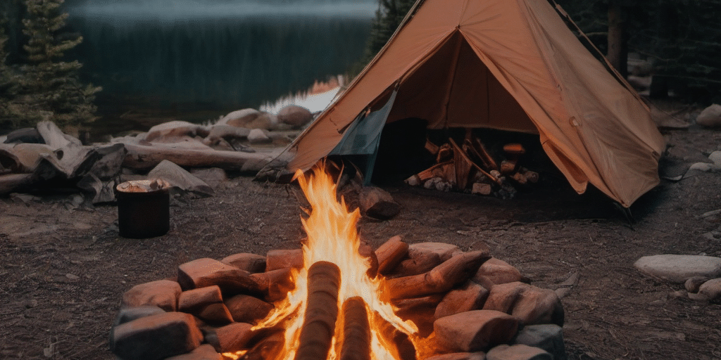 A lit campfire in front of a tent near a lake at dusk.
