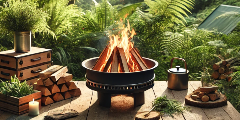 Fire pit with burning wood surrounded by logs, plants, and a kettle in a lush green outdoor setting.