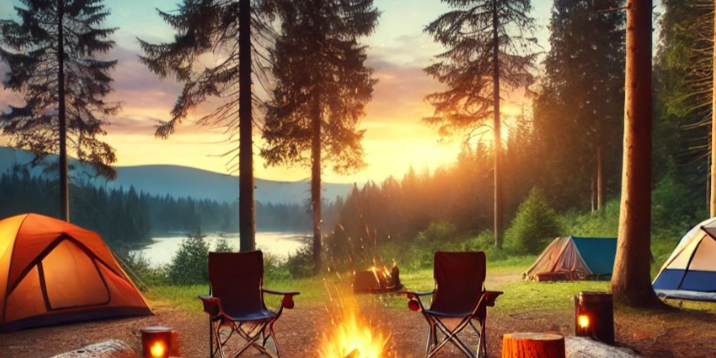 Camping scene with tents, chairs, and a campfire in a forest during sunset.
