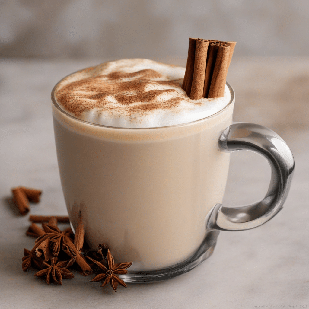 Mug of creamy chai latte with cinnamon sticks and star anise on a white surface.