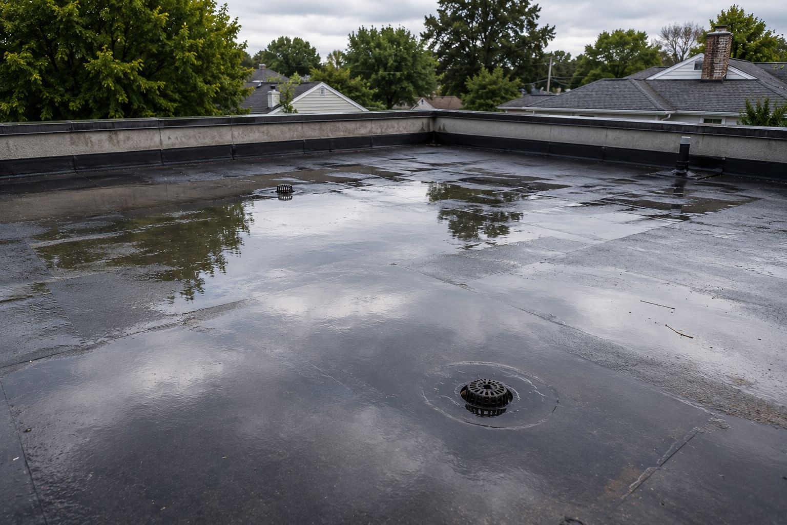 Flat black rooftop with pooled water and a drain, with trees and houses in the background