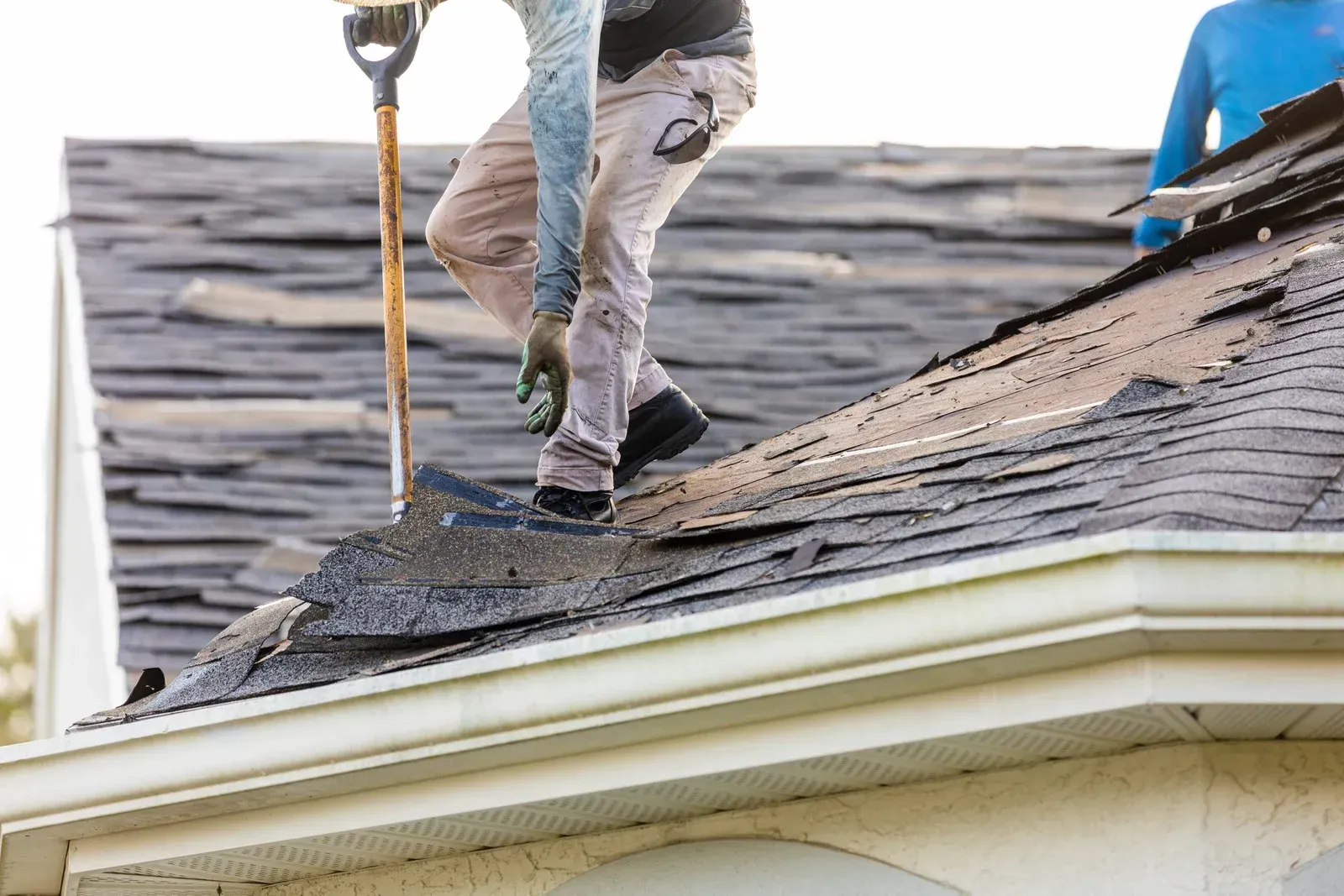 Person removing damaged roof shingles, standing on the roof near a gutter.