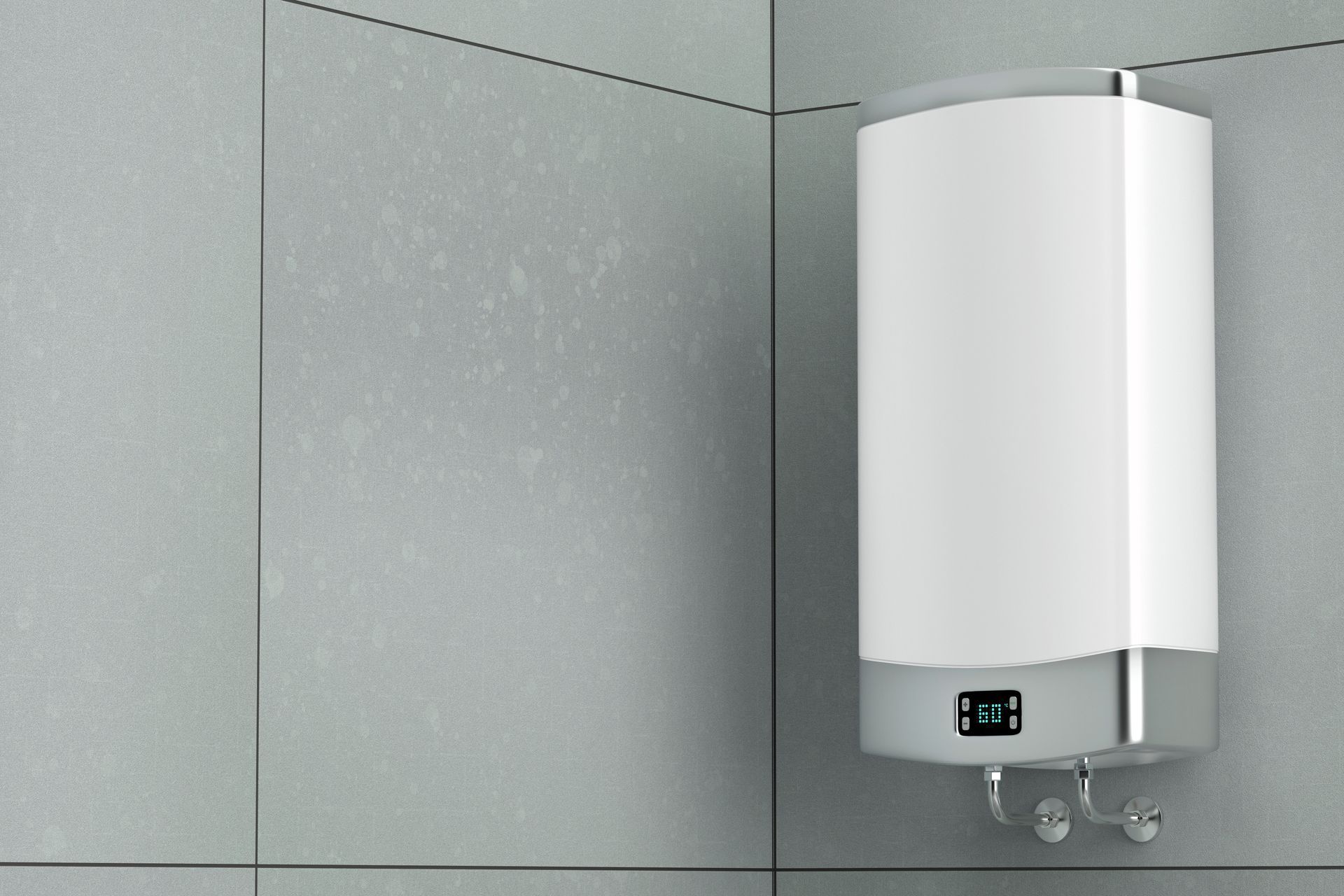 White water heater mounted on a gray tiled wall.