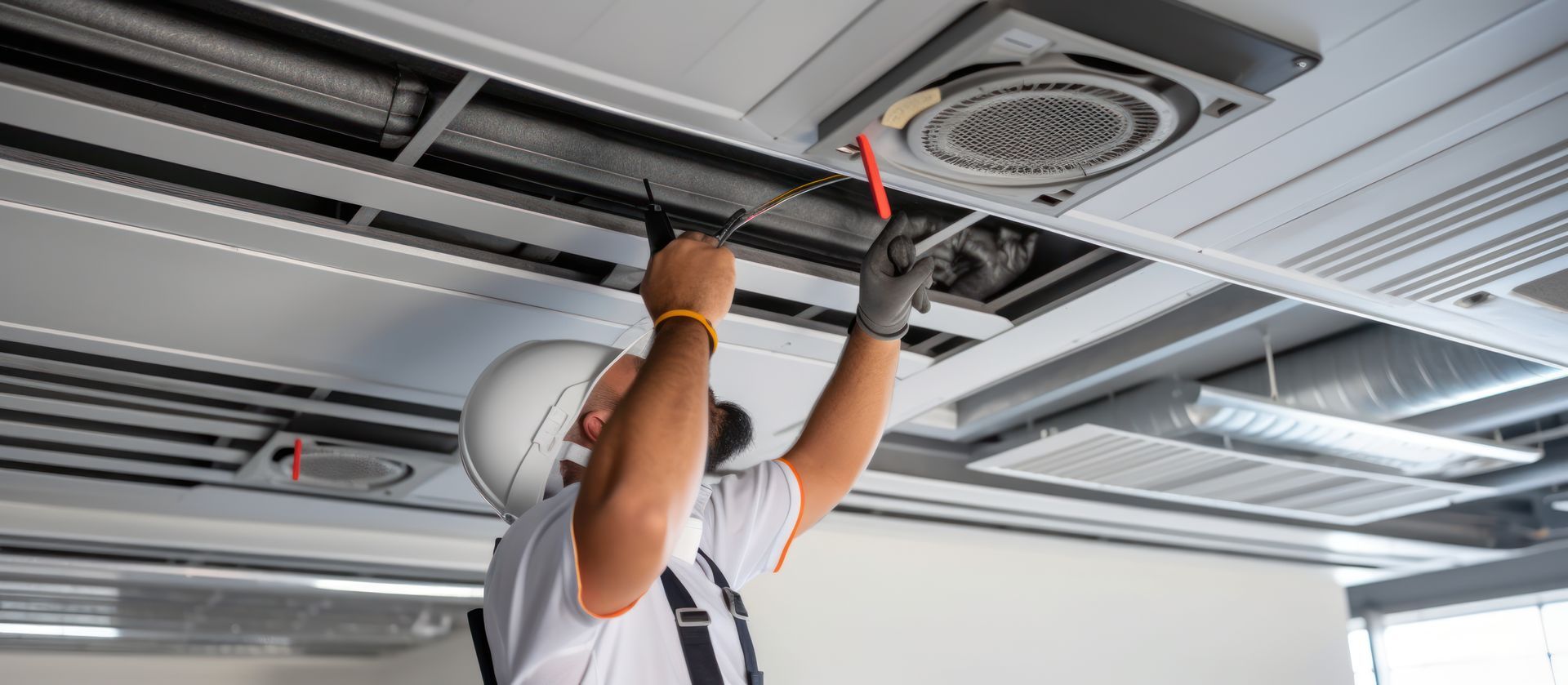 A man is working on the ceiling of a building.