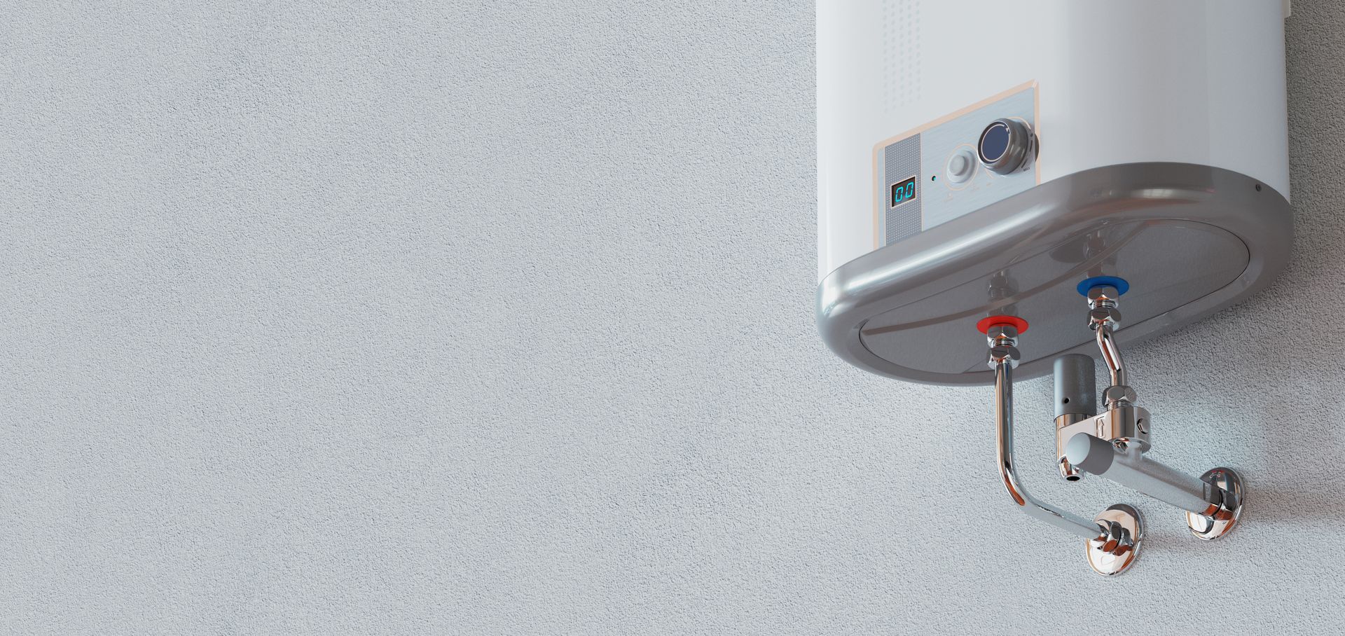 A white water heater is hanging on a white wall.
