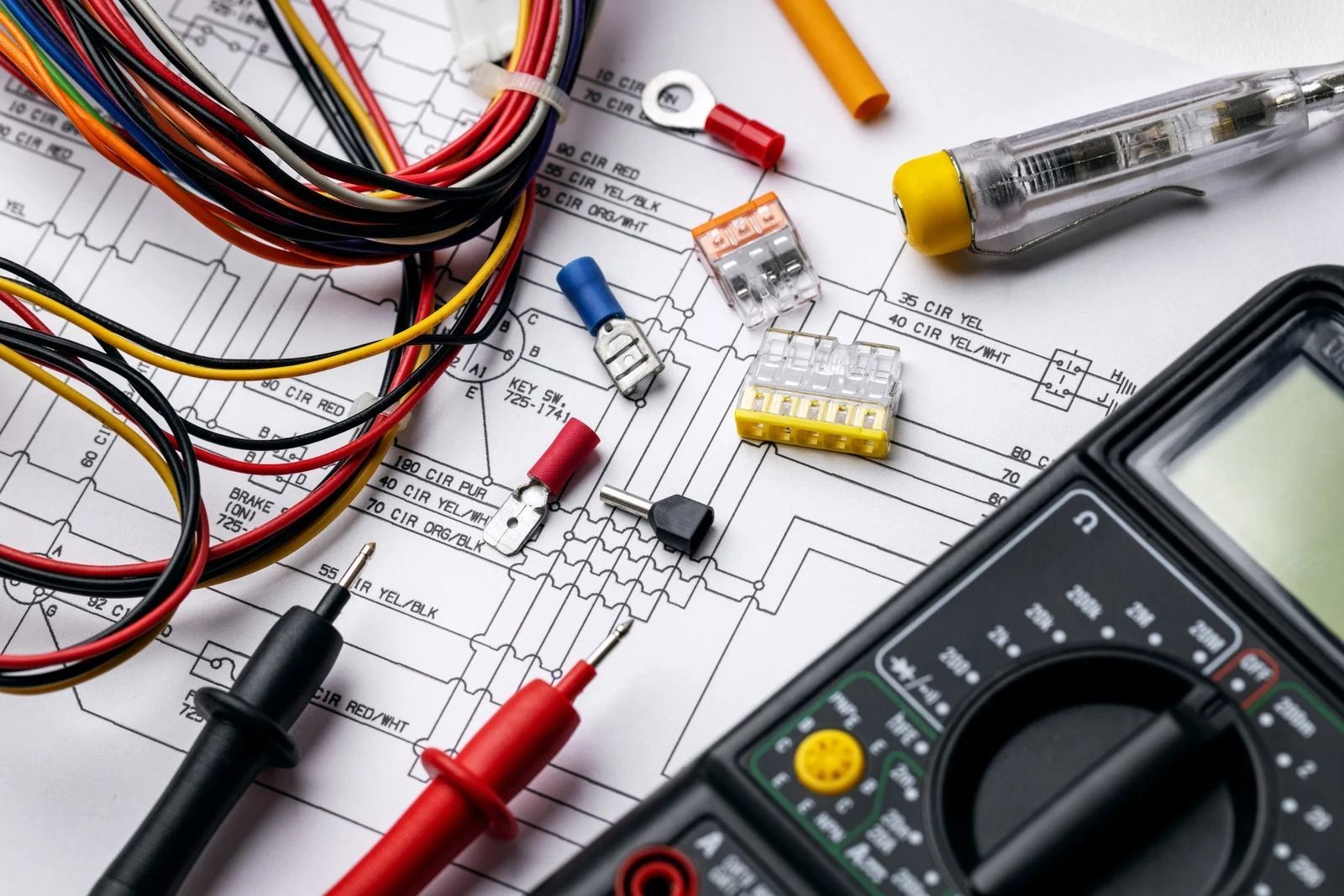 Electrical wiring components, connectors, a multimeter, and probes arranged on top of a detailed wiring diagram.