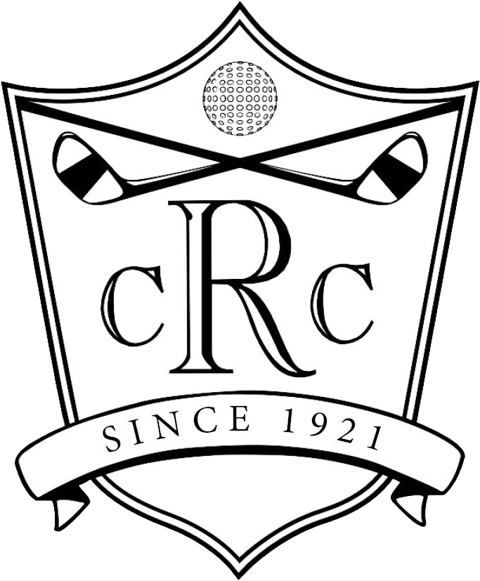 A black and white logo for a golf club with a shield and crossed golf clubs.
