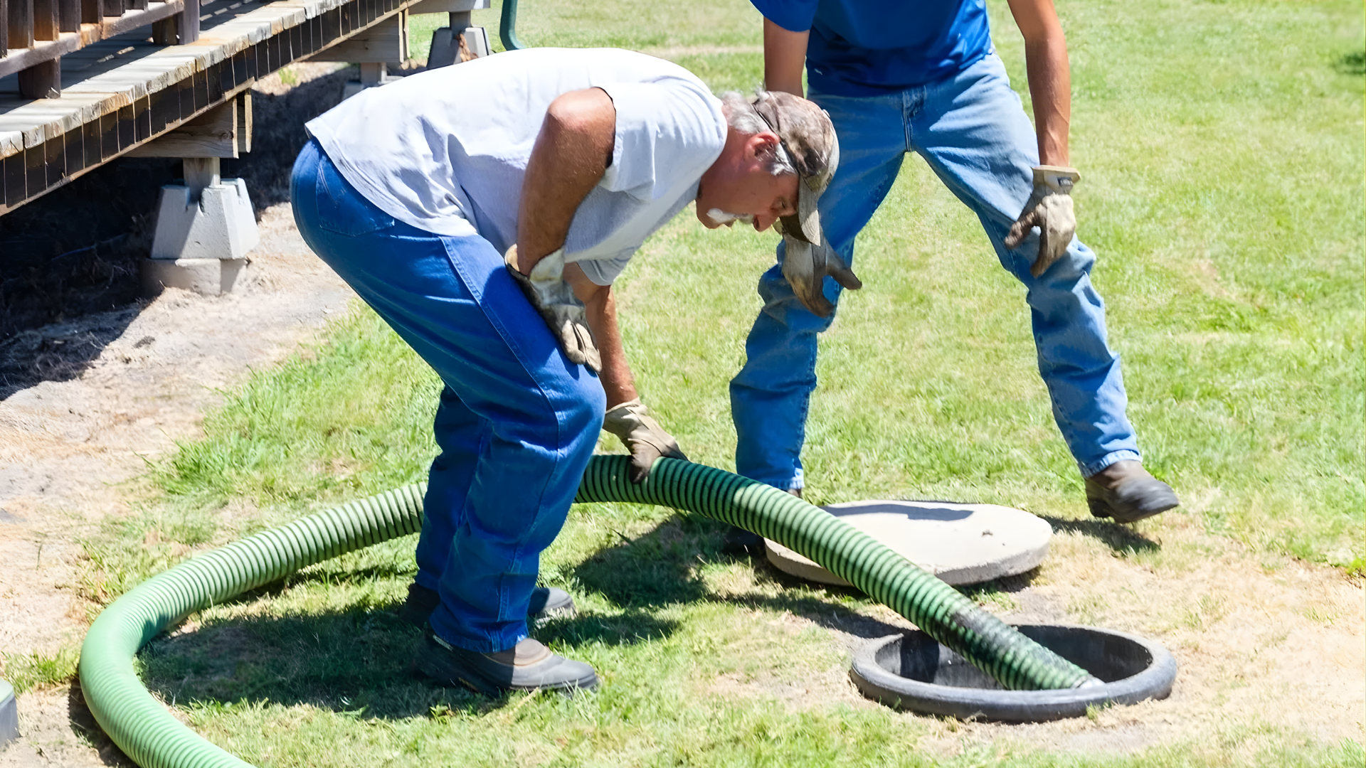 Two people pumping a septic tank. One person leans over the opening with a hose, the other stands nearby.