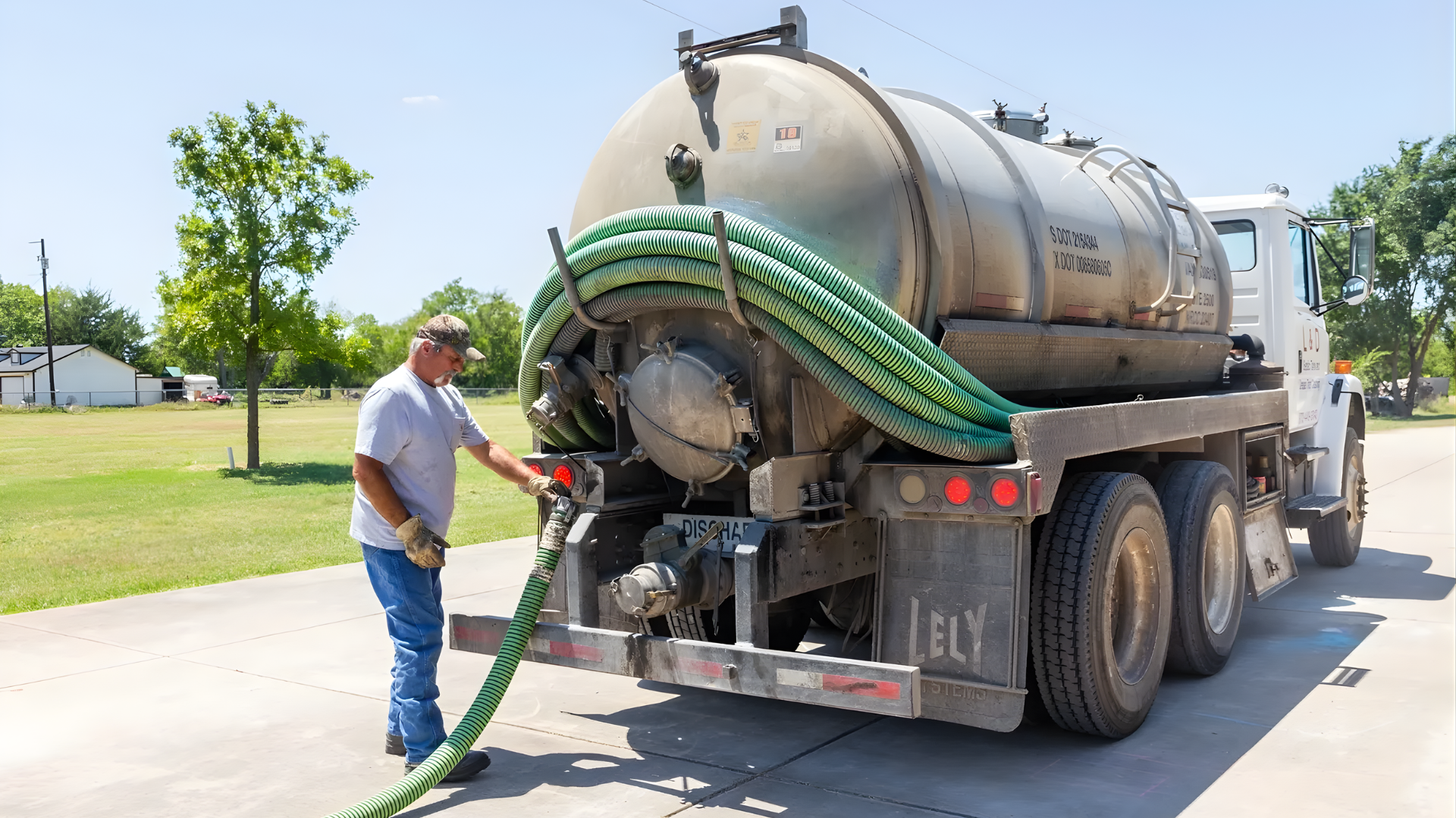 Man with green hose by a septic tank truck on a residential street.