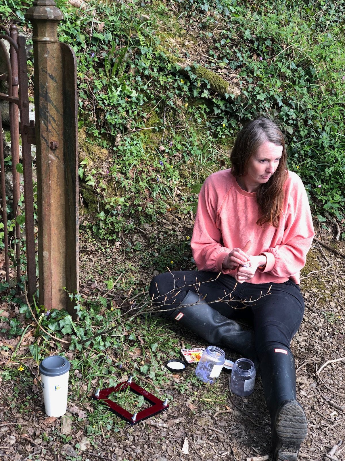 Amy Whittingham in Ashburton mixing Rubber to take a texture of a gate