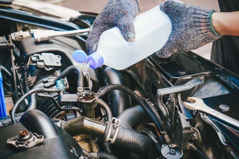 A Mechanic Pouring Liquid From A Bottle Into A Car Engine, Wearing Gloves — MC Automotive Service & Repairs in Maitland, NSW