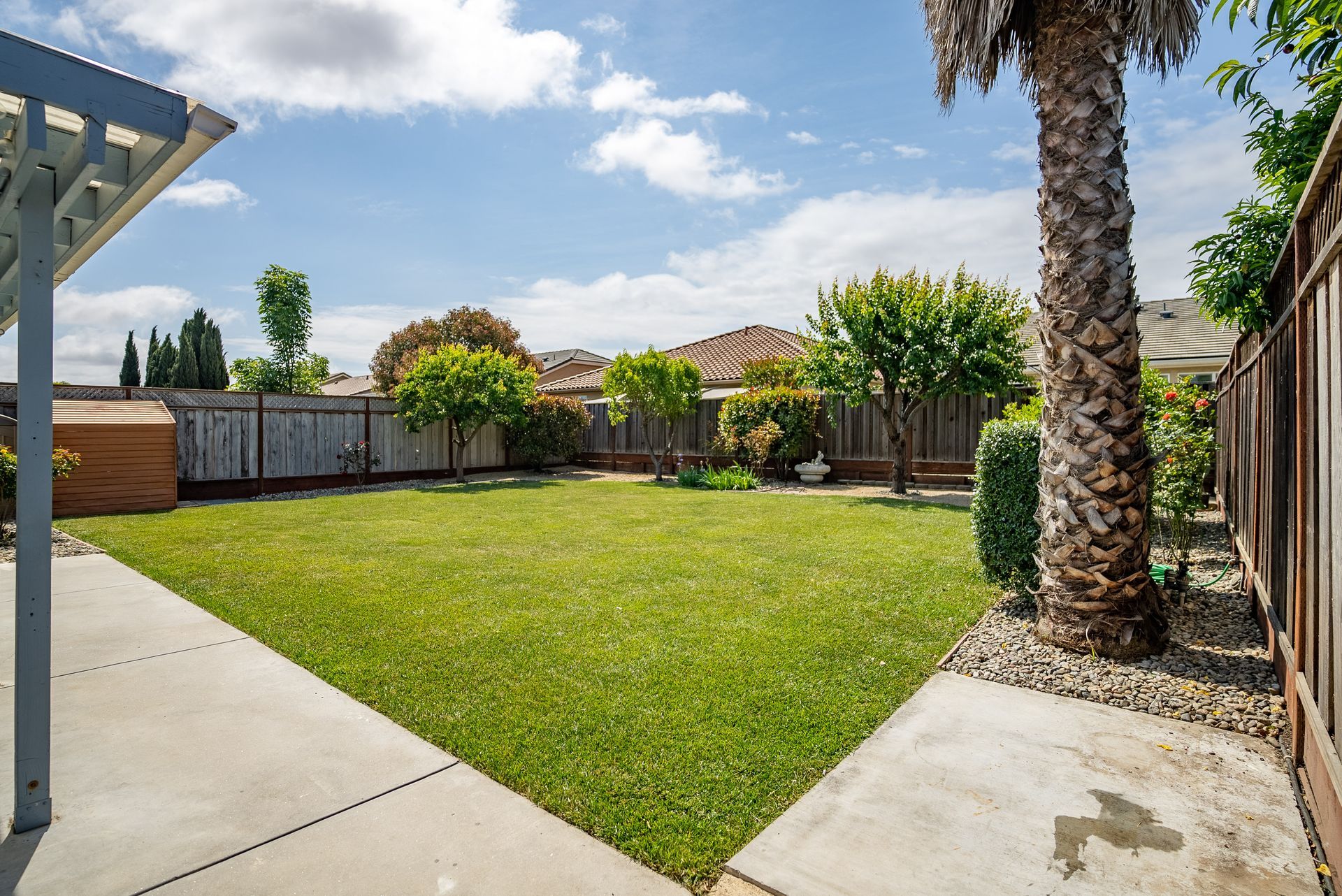 Backyard with green lawn, trees, wooden fence, and blue sky.