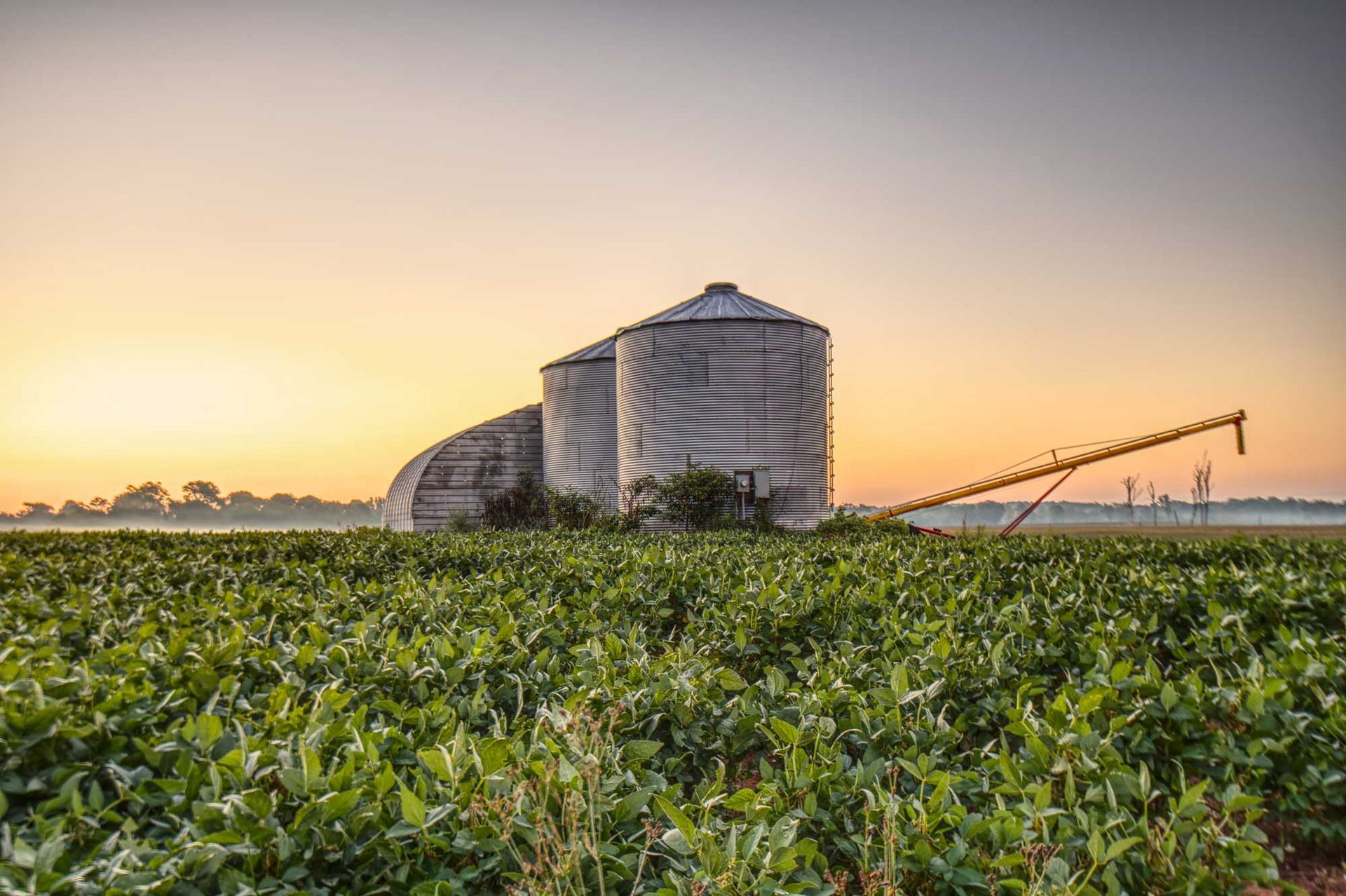 A farm with a silo in the middle of a field at sunset.