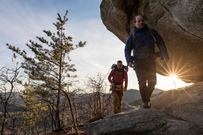 Two men hiking at Big Rock in Pickens County, SC. Photo provided by Mac Stone.