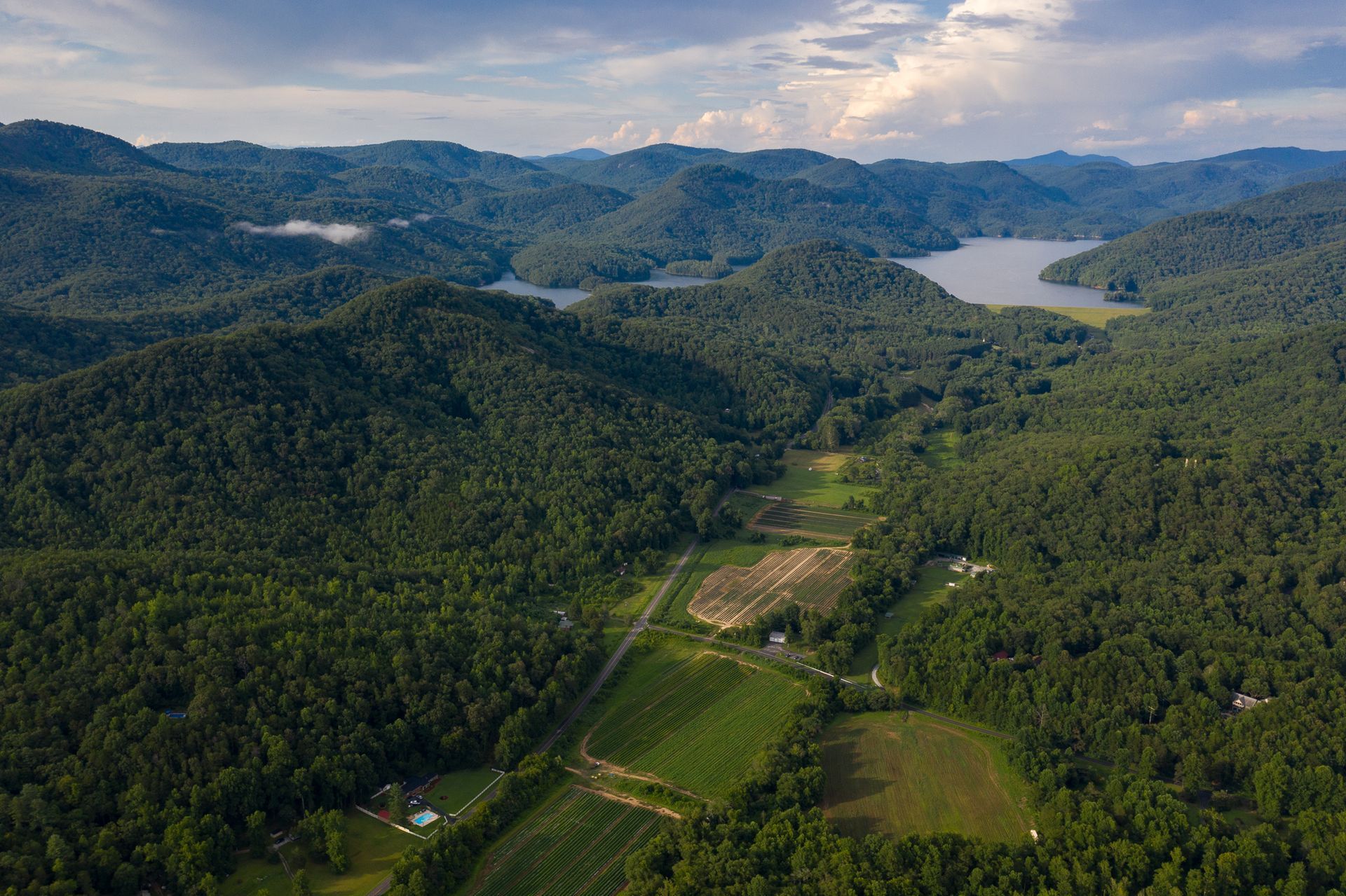 Aerial view of Bramlett Bottoms farmland below the North Saluda Reservoir of the Greenville Watershed. Photo provided by Mac Stone.