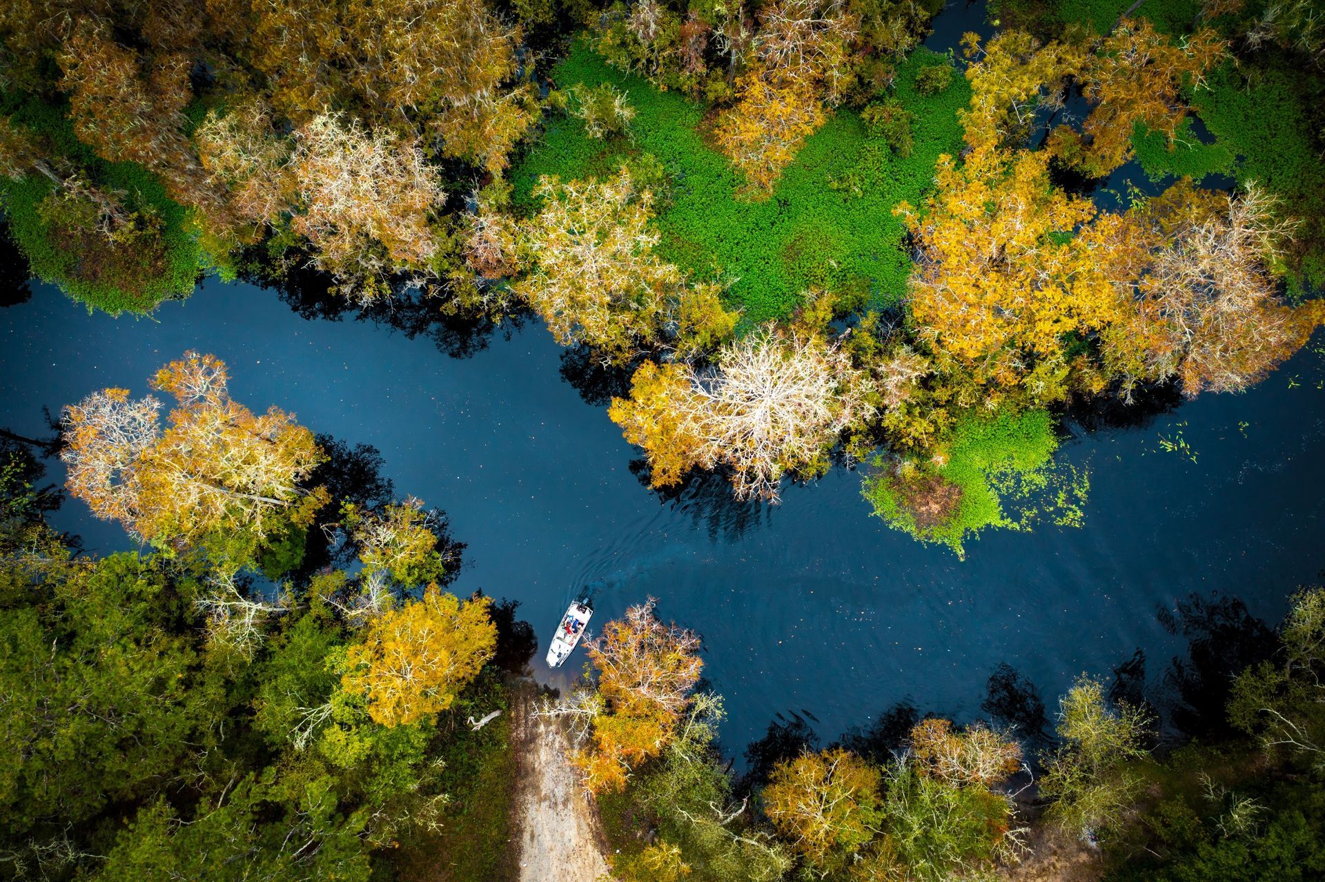 An aerial view of a boater enjoying the Black River in Andrews, South Carolina. Photo provided courtesty of Open Space Institute.