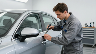 Mechanic using a tool to repair a silver car door in a garage