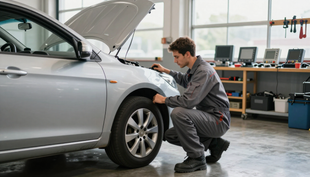 Mechanic inspecting the front of a silver car in an auto repair shop with the hood open