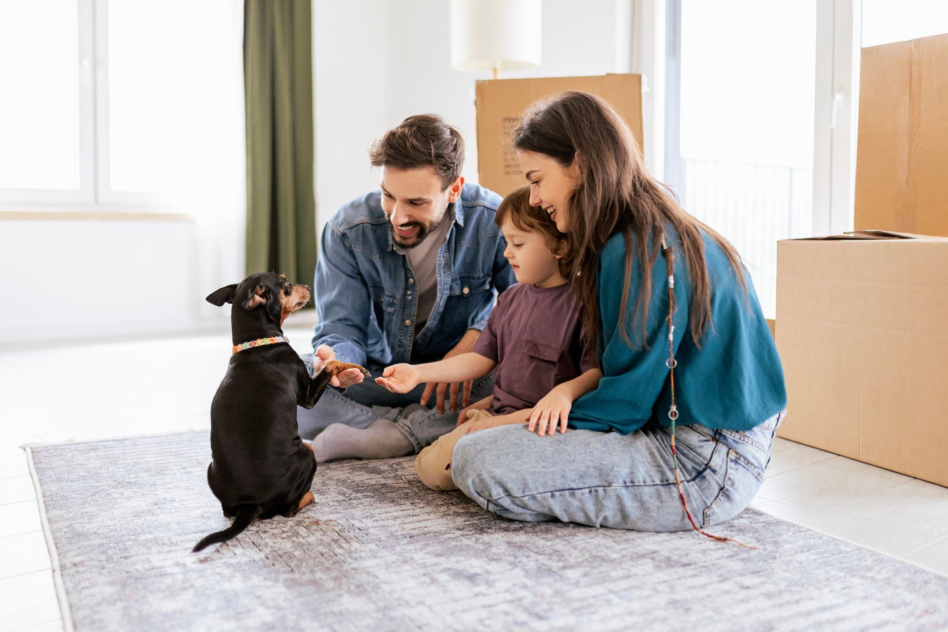 A family is sitting on the floor playing with a dog.