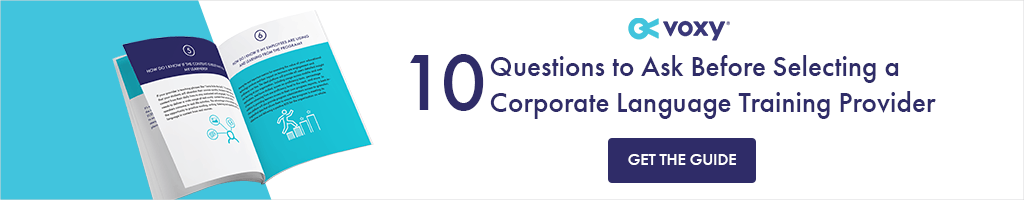 A blue and white banner that says 10 questions to ask before selecting a corporate language training provider