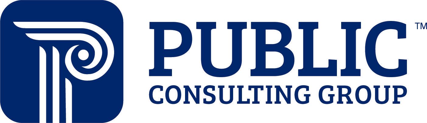 A blue and white logo for public consulting group