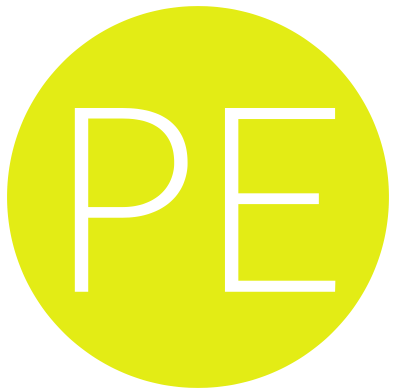 The word pe is in a yellow circle on a white background.