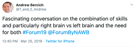 A twitter post by andrew bercich about fascinating conversation on the combination of skills and particularly right brain vs left brain and the need for both