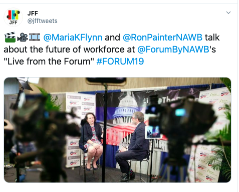 A man and a woman are sitting in front of a camera talking about the future of workforce.