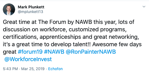 A screenshot of a tweet from mark plunkett about the forum by nawb this year.